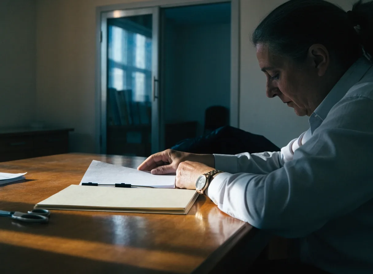 Manos ordenando una carpeta sin marcas sobre una mesa de oficina con luz fría de mañana