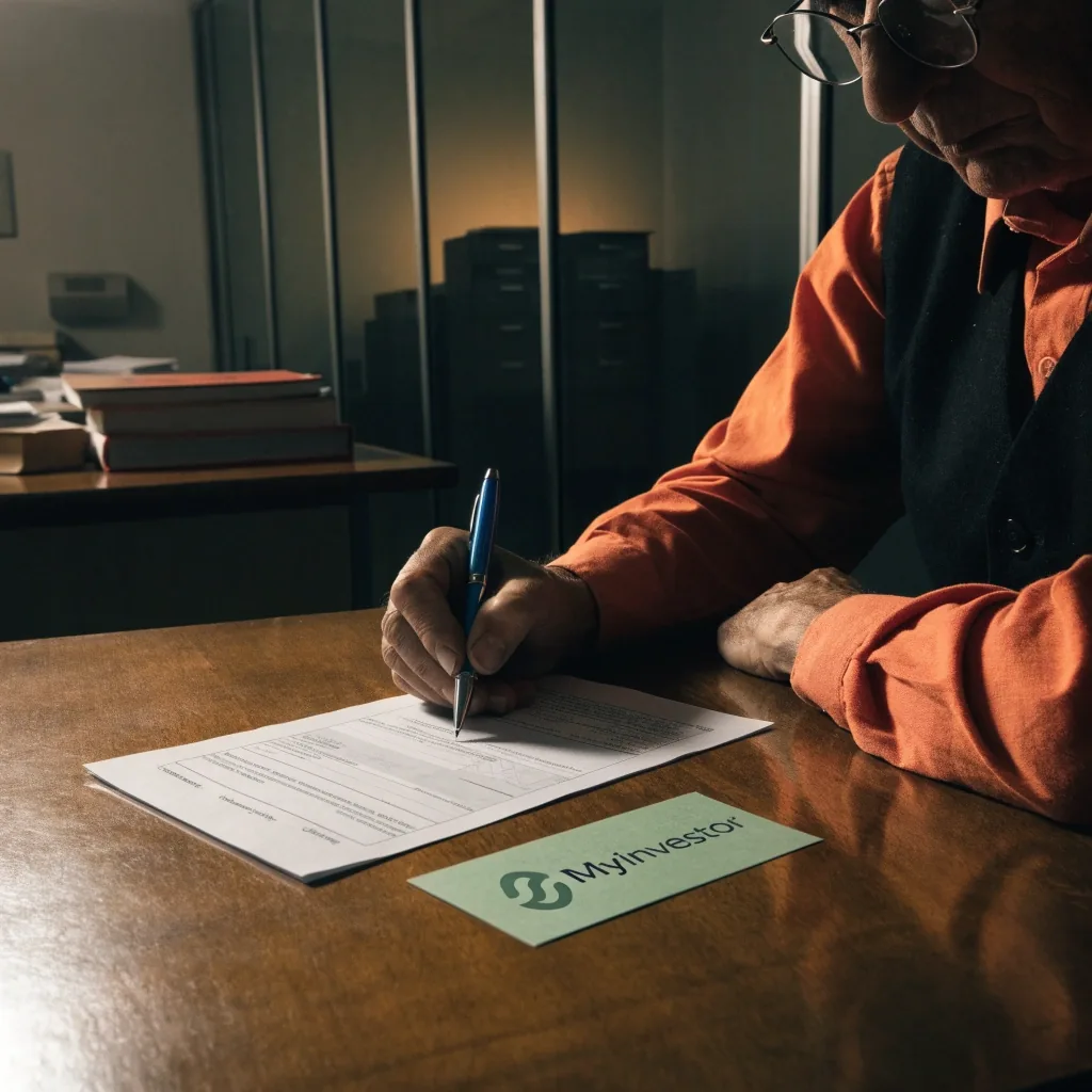 Primer plano de una mano sobre un cuaderno cerrado en una mesa oscura, iluminado por una sola lámpara cálida