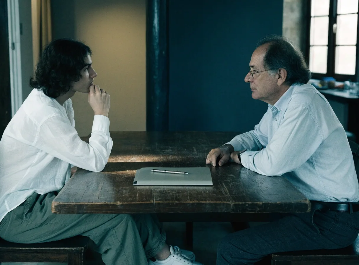 Dos manos revisando el expediente de un plan de pensiones sobre una mesa de madera a primera hora