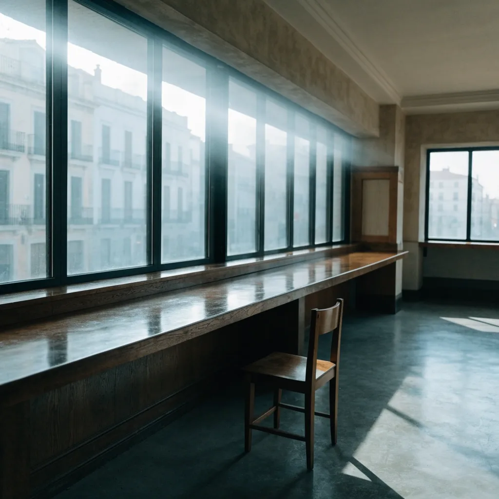 Interior de una oficina bancaria provincial en Murcia al amanecer, con ventanales altos y una silla frente al mostrador vacío
