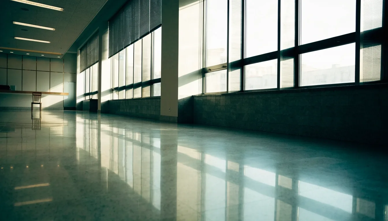 Sala vacía de una sucursal bancaria en España con luz de mañana entrando por los ventanales