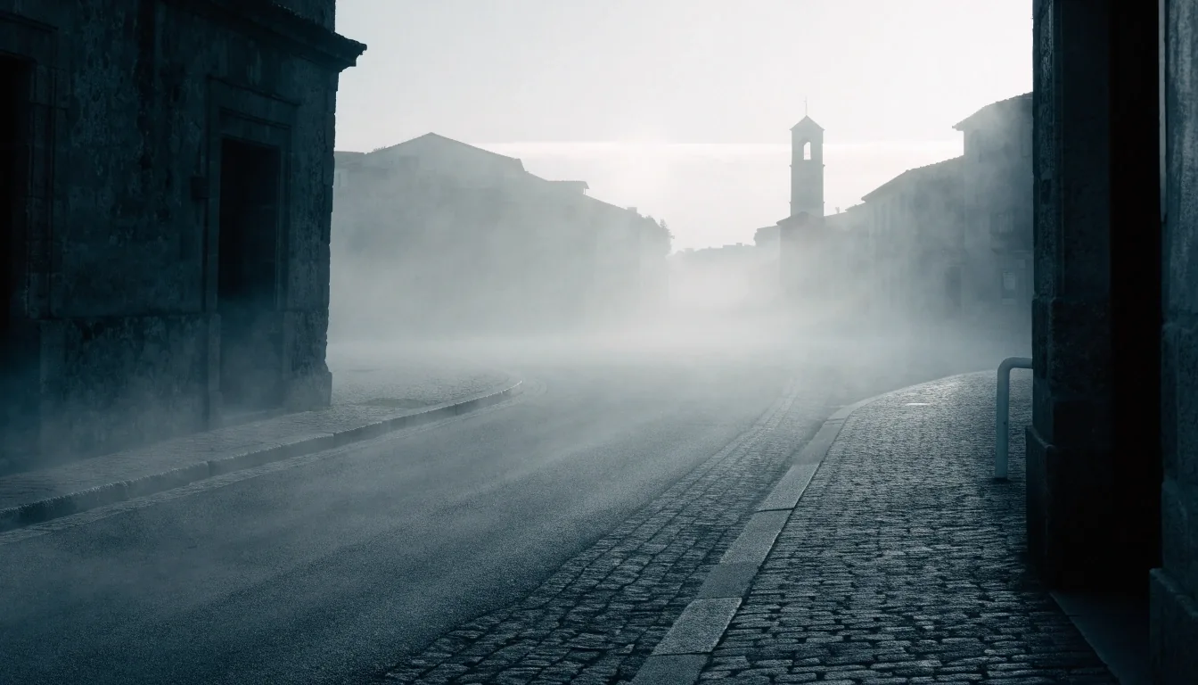 Esquina de calle española al amanecer con una torre del reloj en la niebla, luz fría y cielo pálido