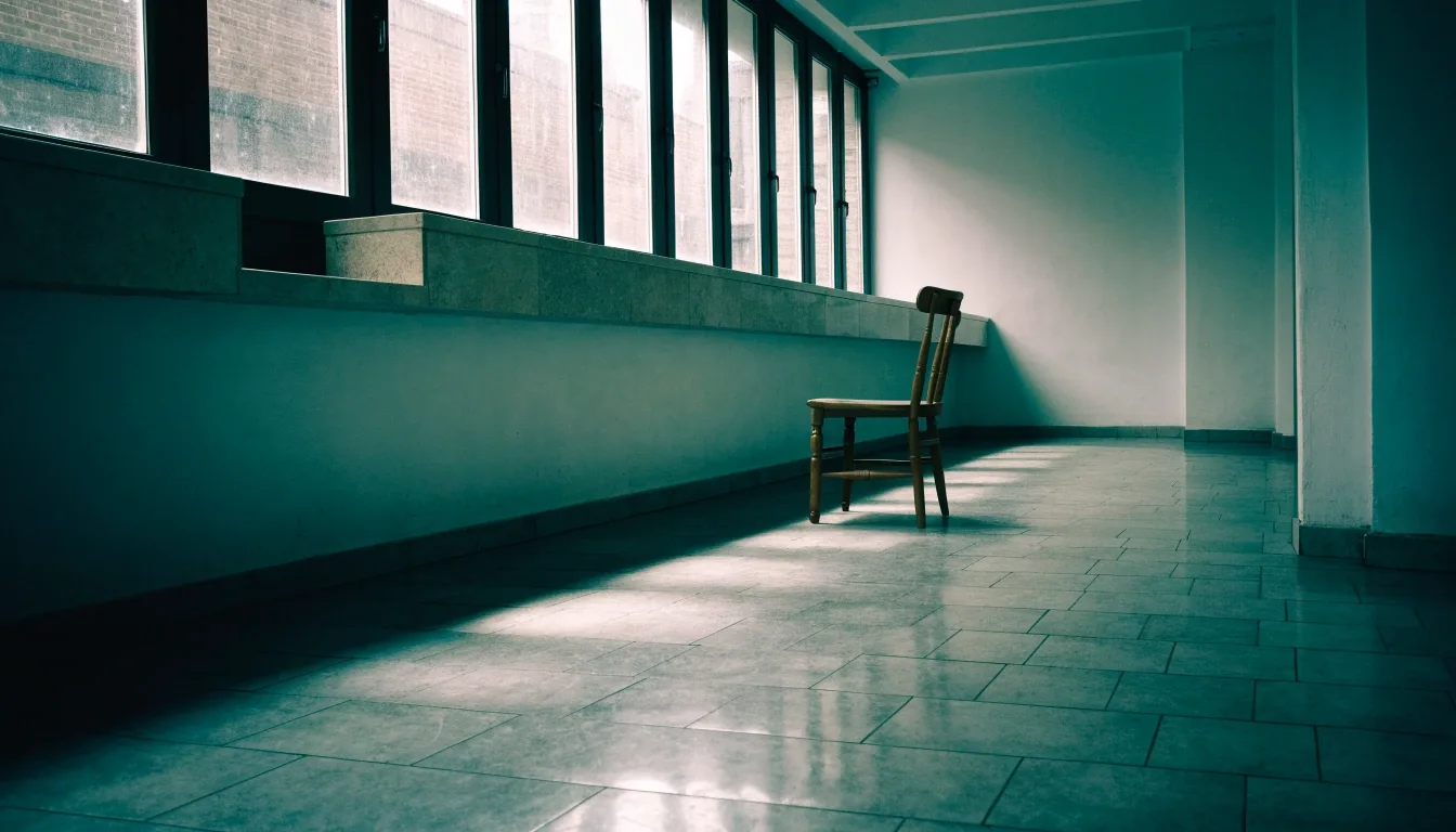 Sala vacía de una sucursal bancaria española al amanecer, con luz fría por los ventanales