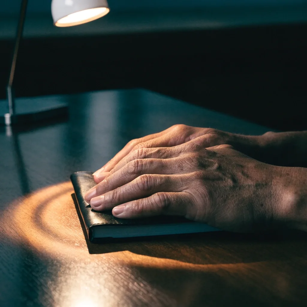 Una mano apoyada sobre un cuaderno cerrado bajo la luz de una lámpara