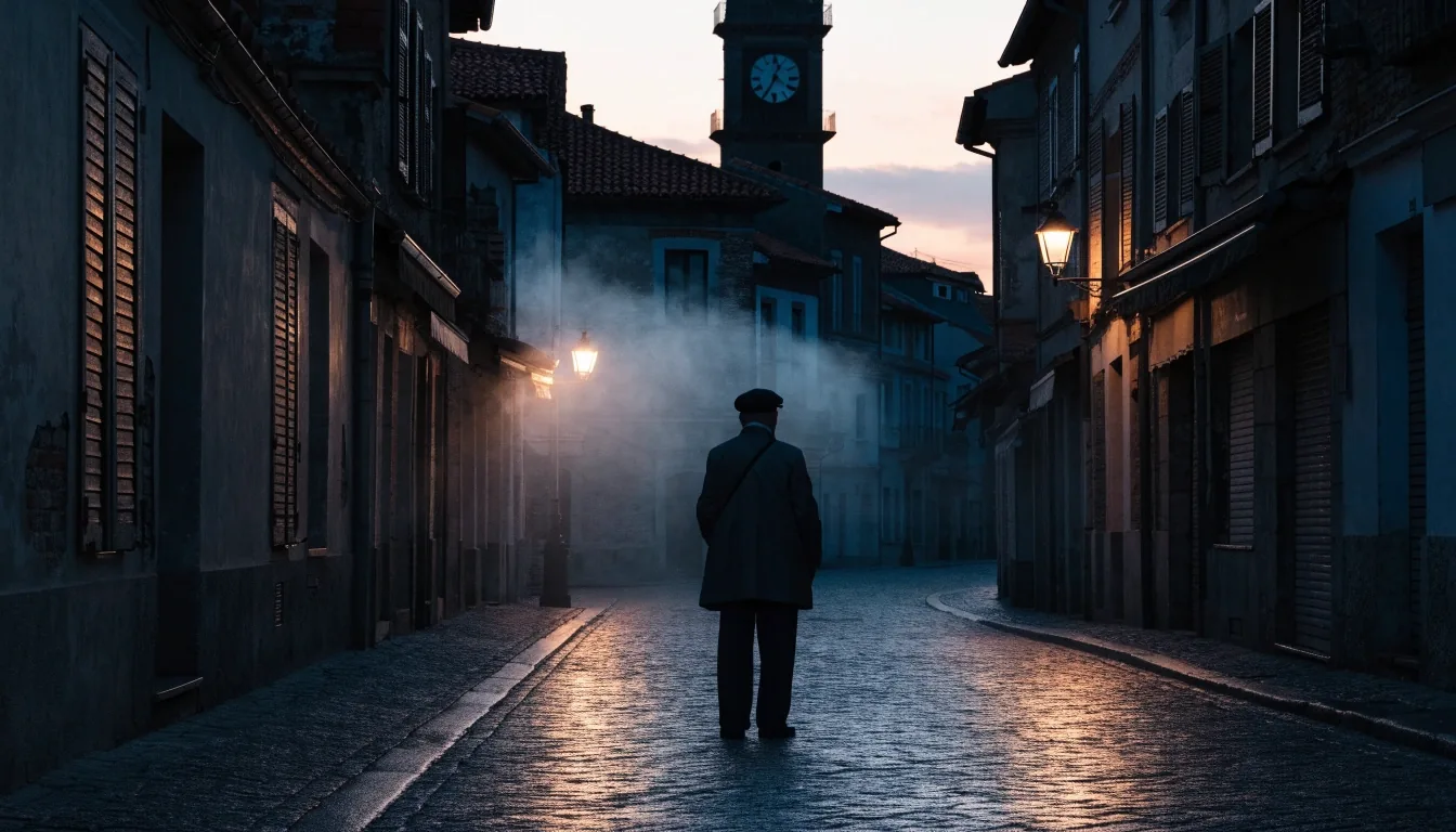 Calle de una ciudad española al atardecer con una torre del reloj detenida al fondo y una figura de espaldas