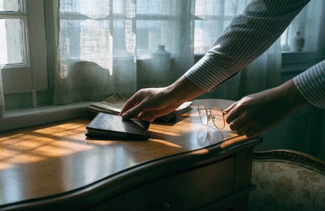 Mesa junto a una ventana con un cuaderno cerrado y gafas de lectura bajo luz fría