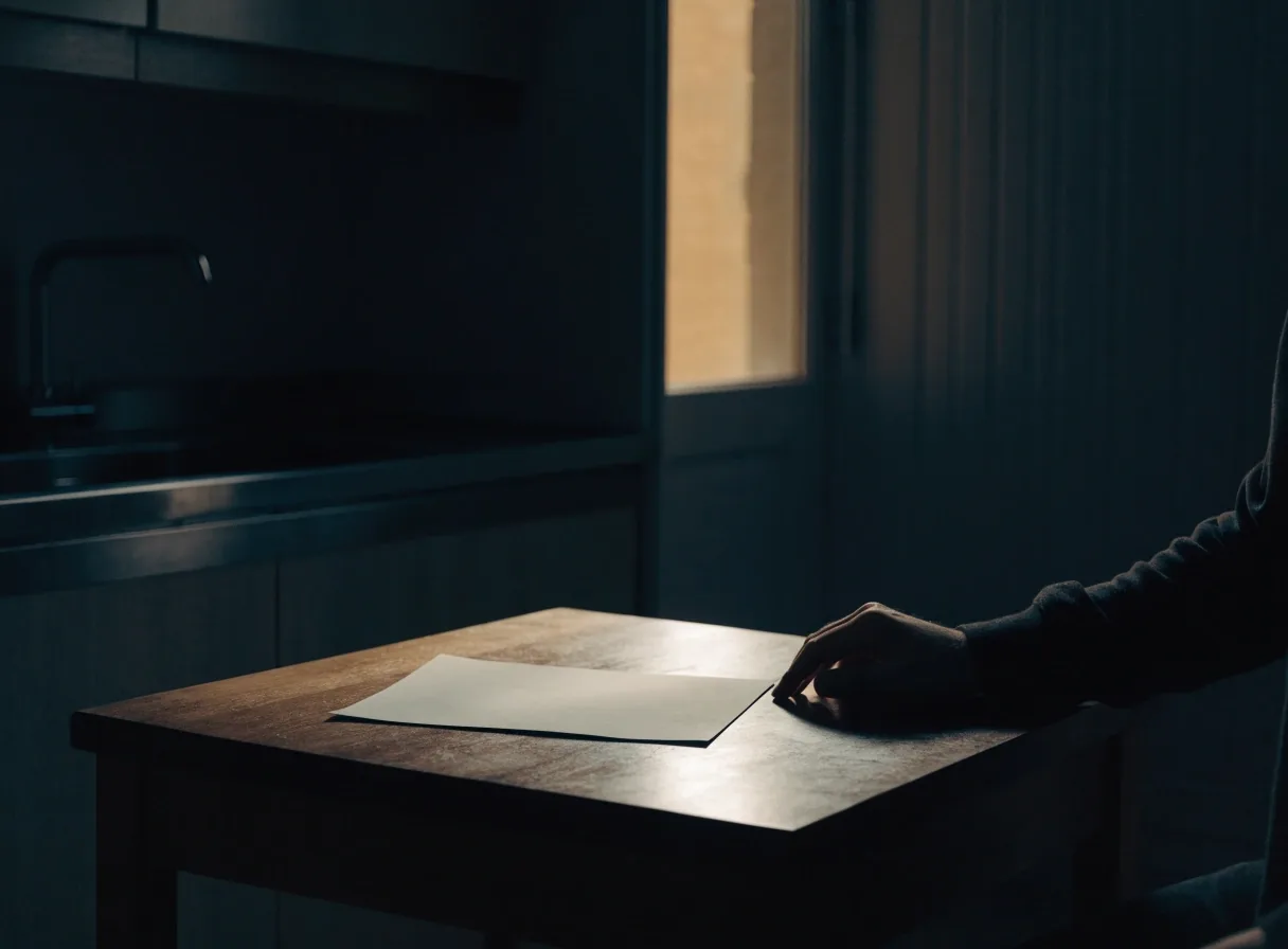 Carpeta de papel sin marcas abierta sobre una mesa de cocina con una mano al lado