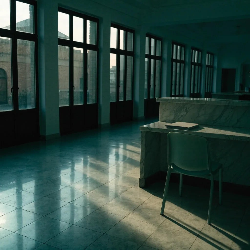 Sala de oficina bancaria vacía con luz de primera hora y una carpeta sin marcas sobre el mostrador
